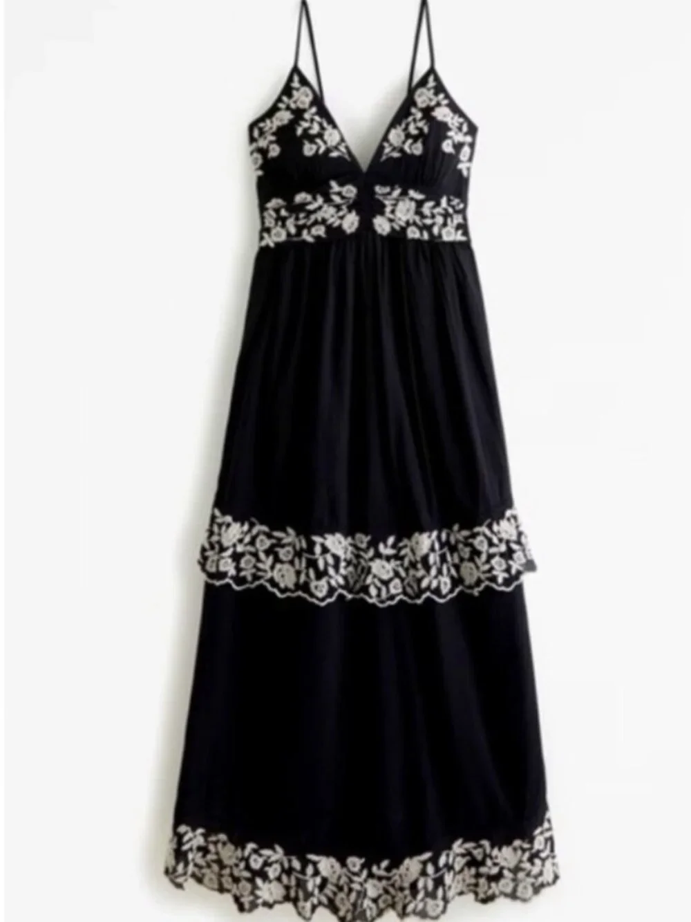 Abercrombie & Fitch Black Maxi Dress with Cream Floral Embroidery Size SP